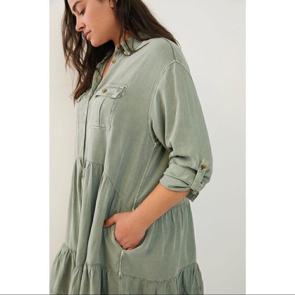 NEW Anthropologie Pilcro Deanne Moss Tiered Mini Button Front Shirtdress Large - Picture 4 of 8